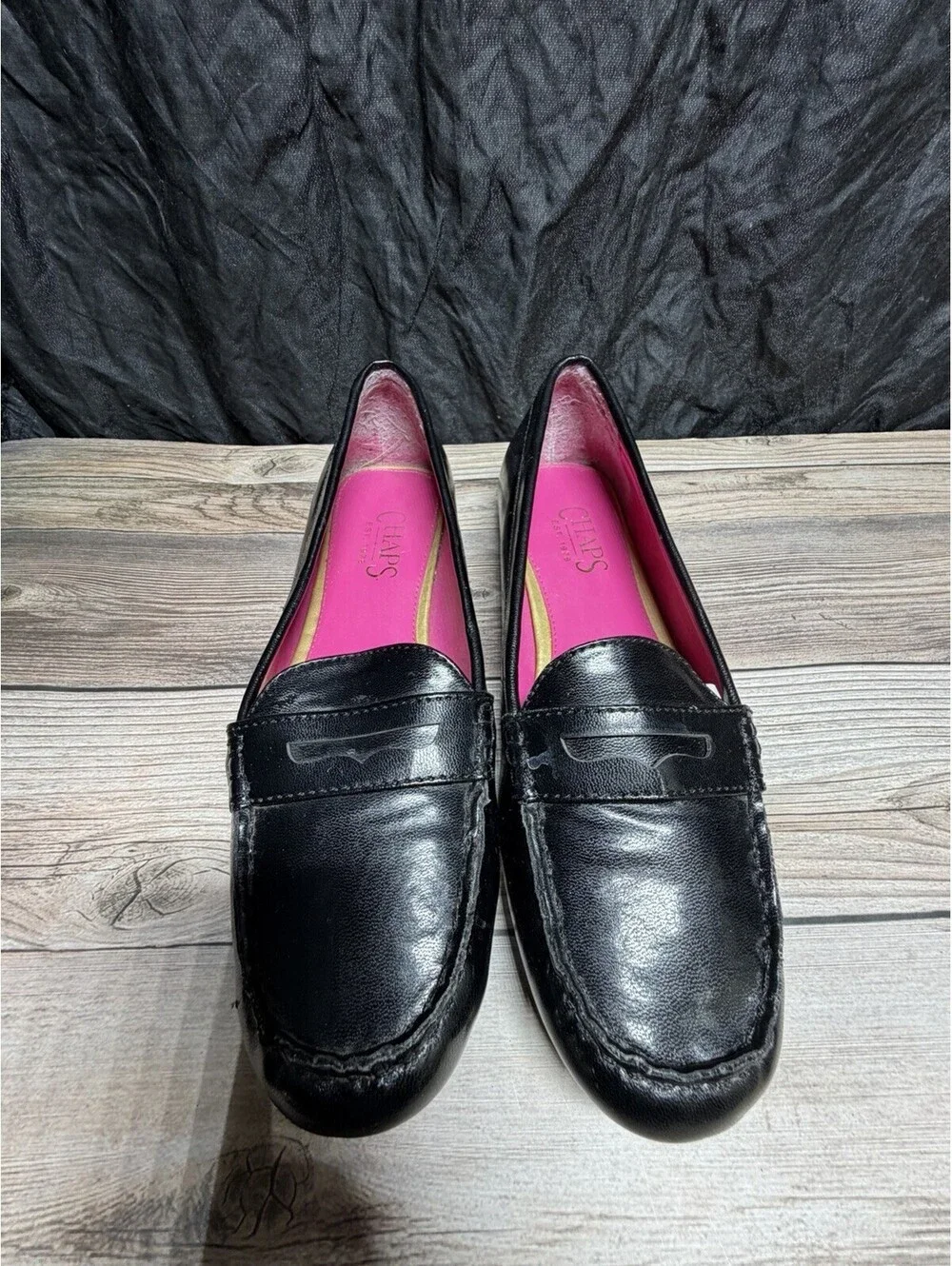 CHAPS Women’s 8 Slip On Shoes Black Leather Round Toe Casual